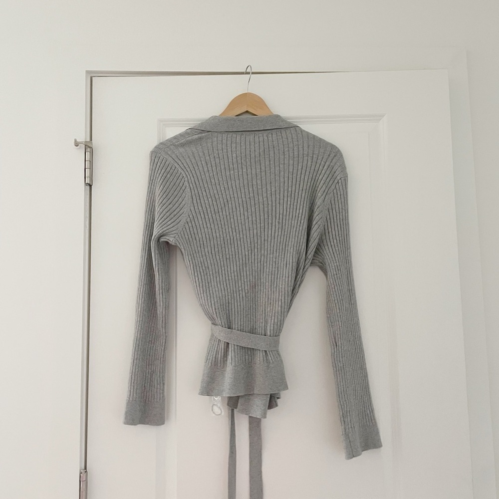 Skin Marilynne Ribbed Cardigan Cotton Cashmere Belted Gray - Picture 7 of 12